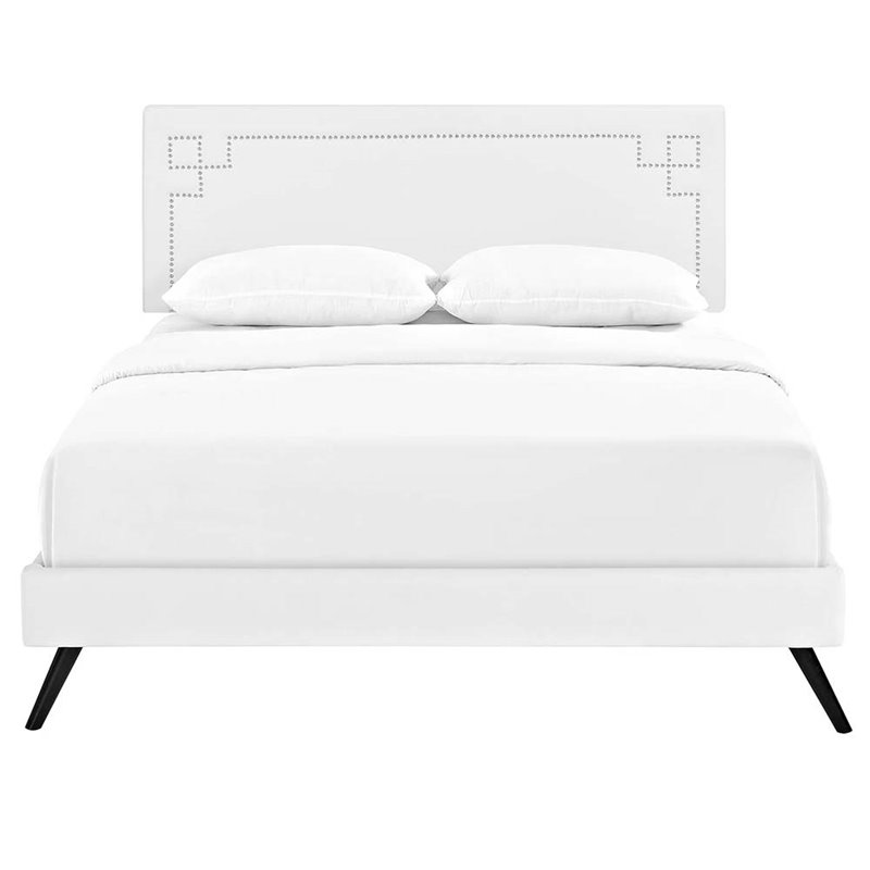 Pemberly Row Queen Vinyl Platform Bed with Round Splayed Legs in White