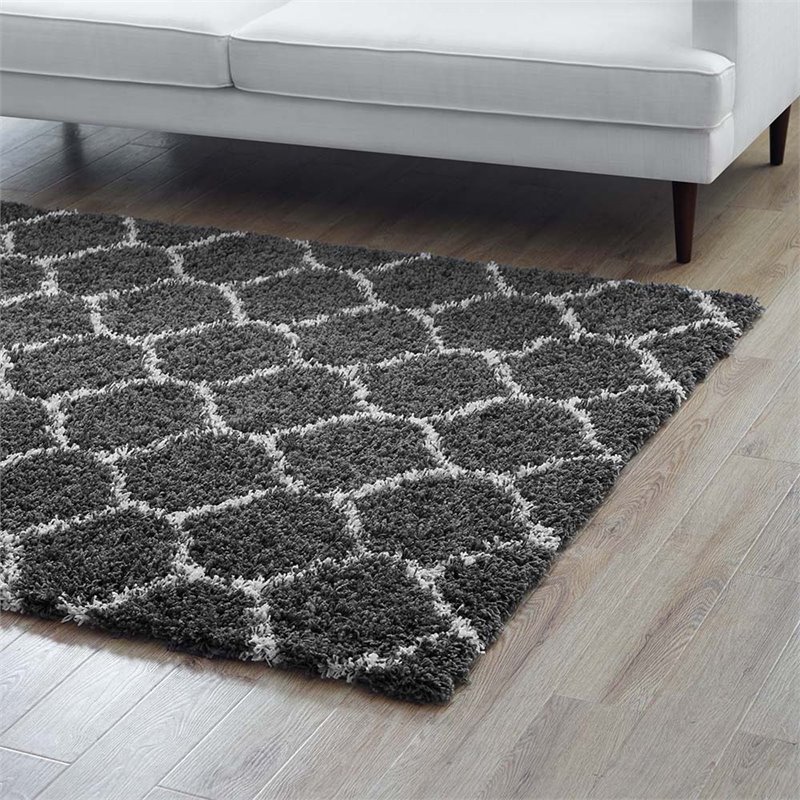 Pemberly Row 5' x 8' Moroccan Trellis Shag Area Rug in Gray and Ivory