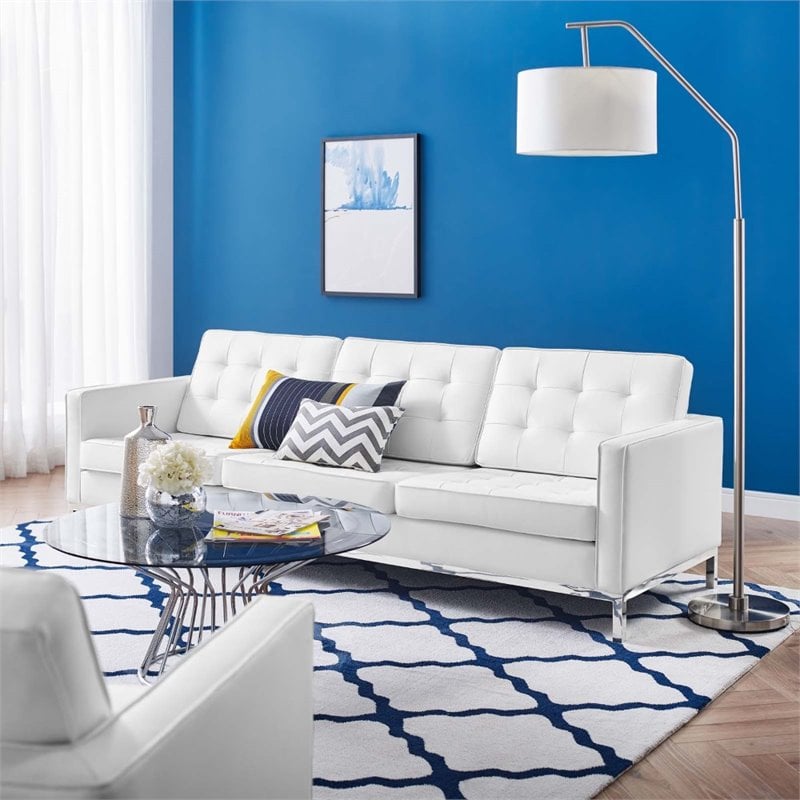 Pemberly Row Tufted Vegan Leather Stainless Steel Sofa in Silver/White