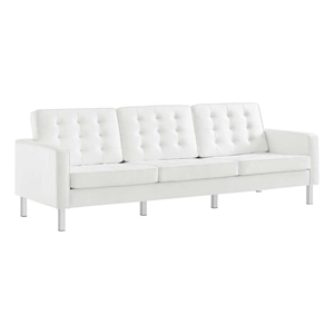 Pemberly Row Tufted Vegan Leather Stainless Steel Sofa in Silver/White