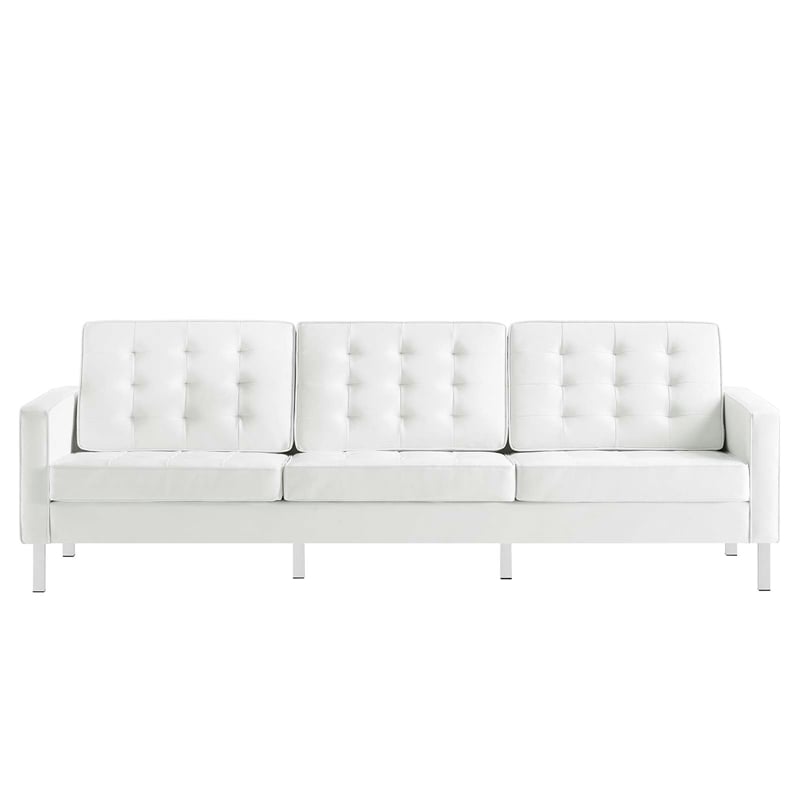 Pemberly Row Tufted Vegan Leather Stainless Steel Sofa in Silver/White