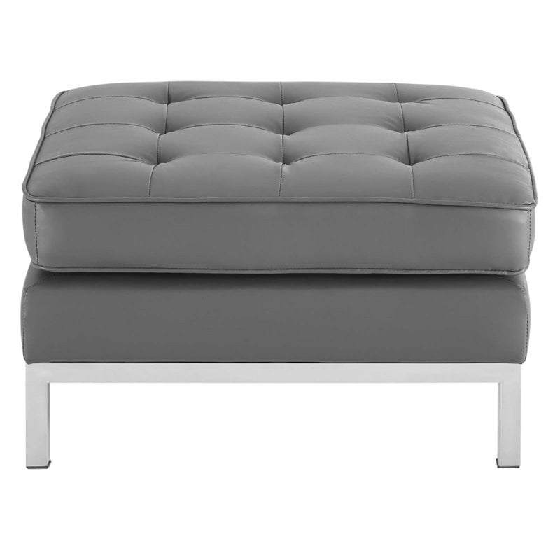 Pemberly Row Tufted Upholstered Faux Leather Ottoman in Silver and Gray