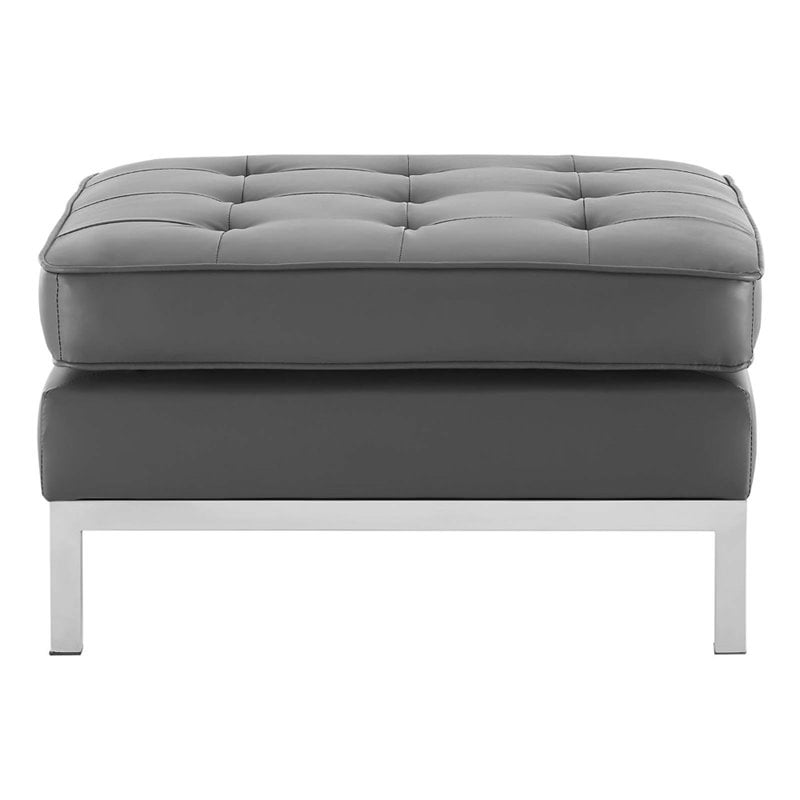 Pemberly Row Tufted Upholstered Faux Leather Ottoman in Silver and Gray