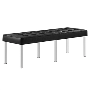 Pemberly Row Tufted Vegan Leather Stainless Steel Bench in Silver/Black
