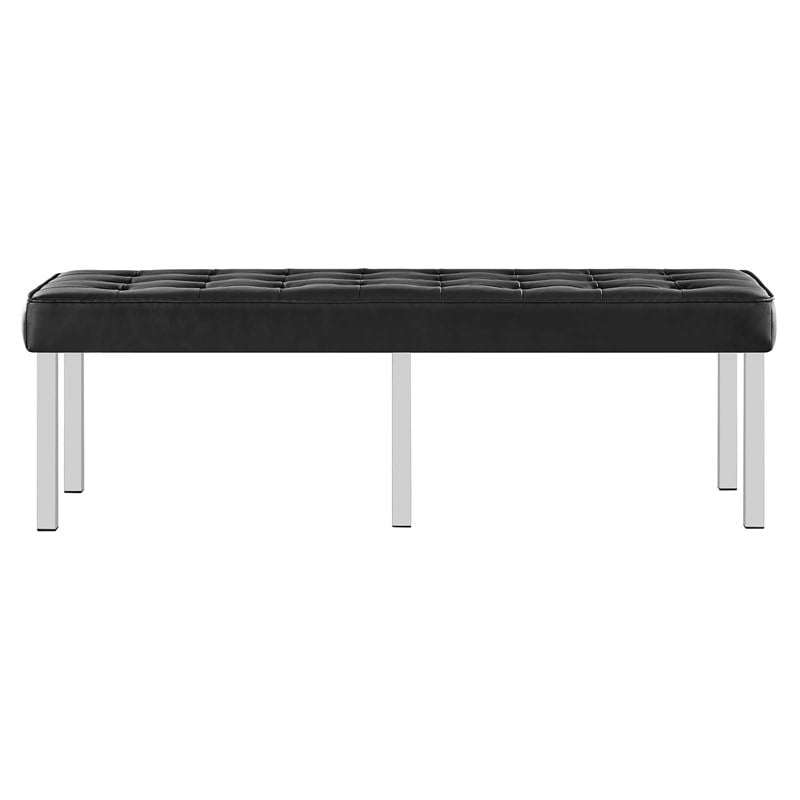 Pemberly Row Tufted Vegan Leather Stainless Steel Bench in Silver/Black