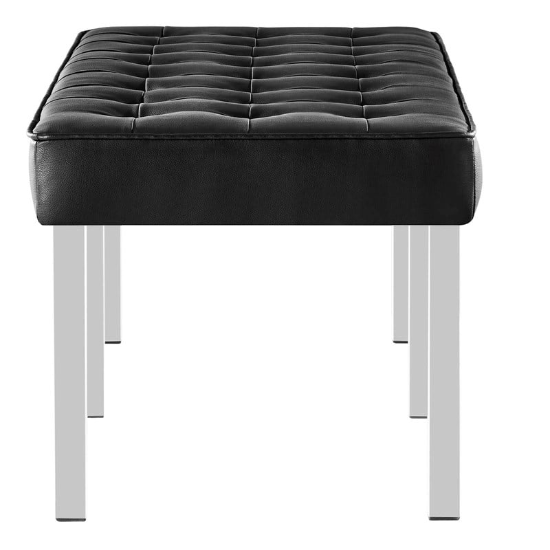 Pemberly Row Tufted Vegan Leather Stainless Steel Bench in Silver/Black