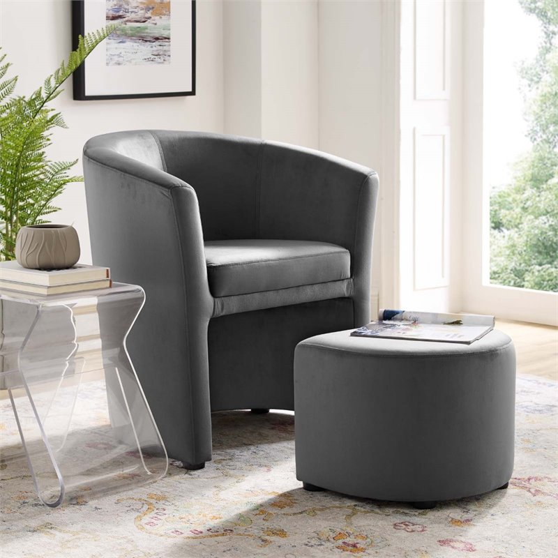 Pemberly Row Performance Velvet Arm Chair and Ottoman Set in Gray