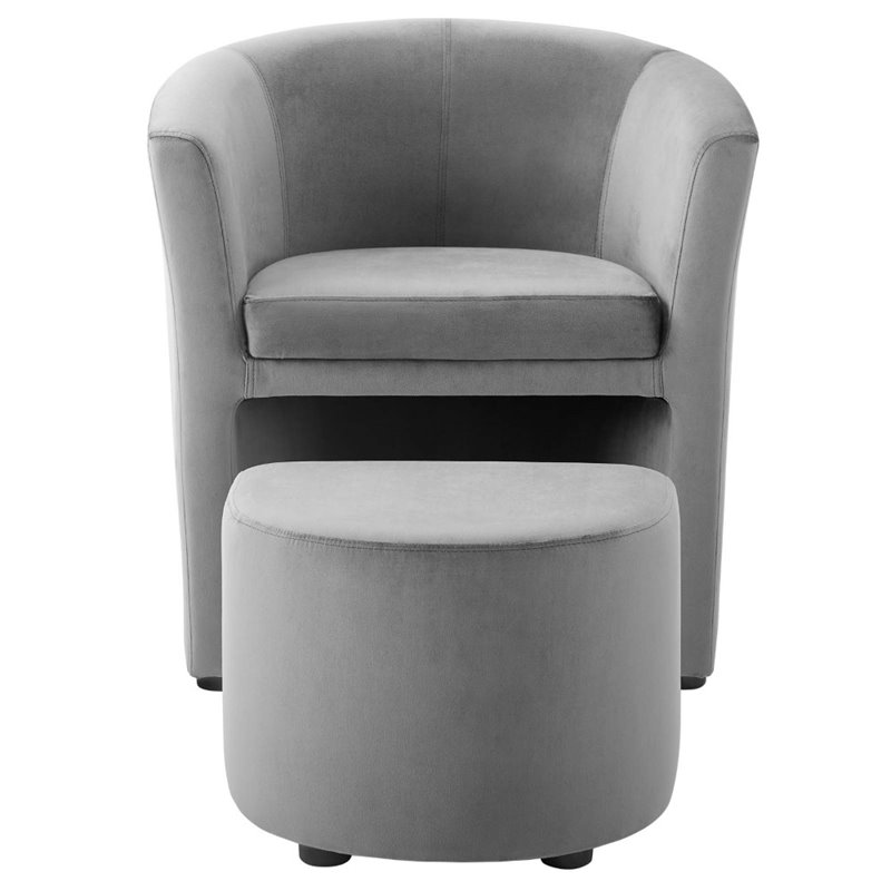 Pemberly Row Performance Velvet Arm Chair and Ottoman Set in Gray