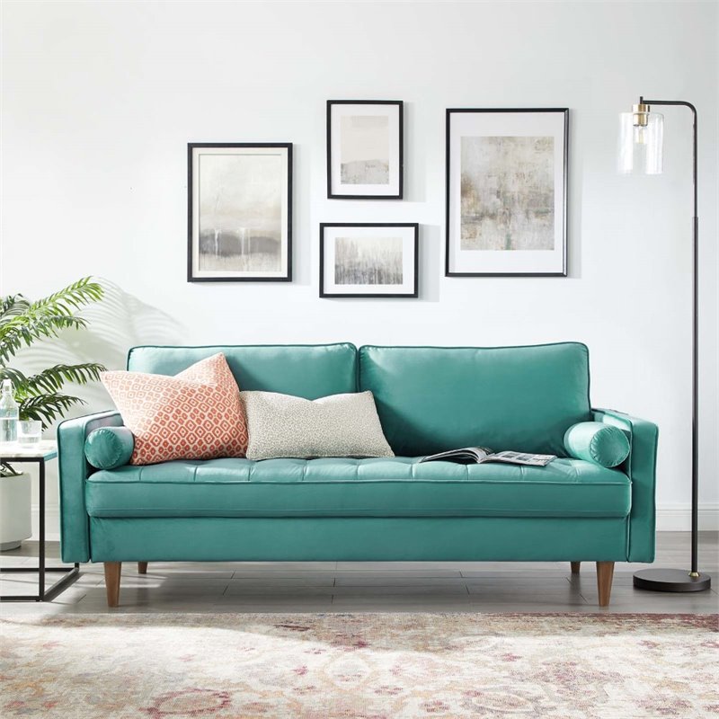 Pemberly Row Modern Style Performance Velvet Sofa in Teal Finish