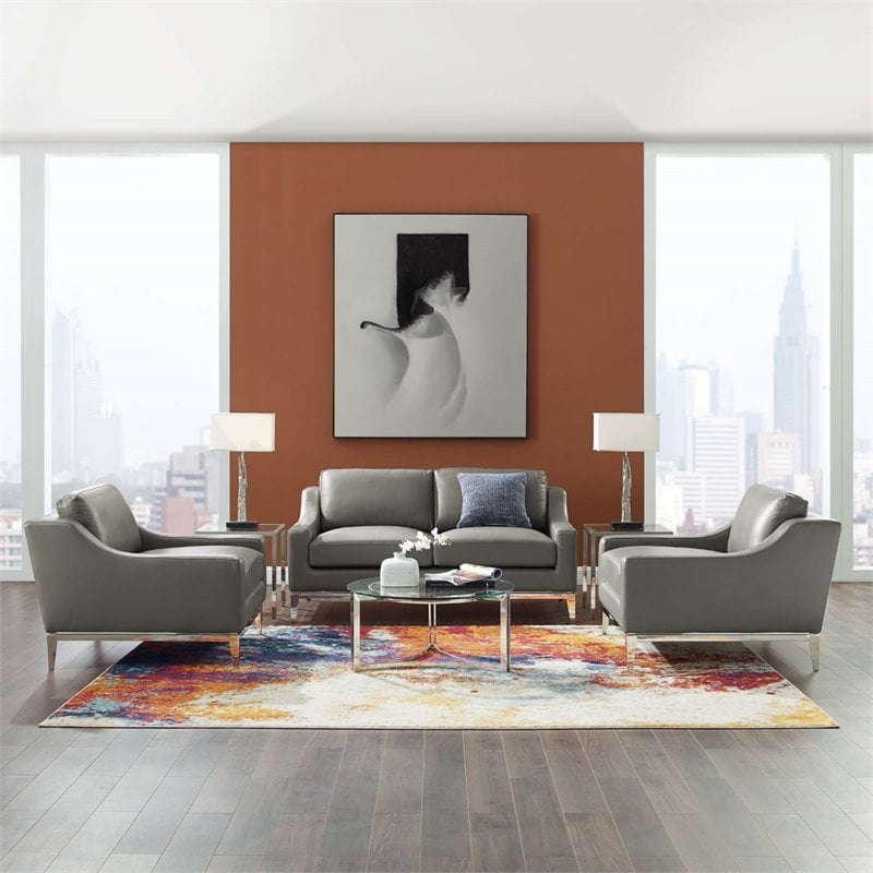 Pemberly Row 3-Piece Stainless Steel & Leather Loveseat Set in Gray