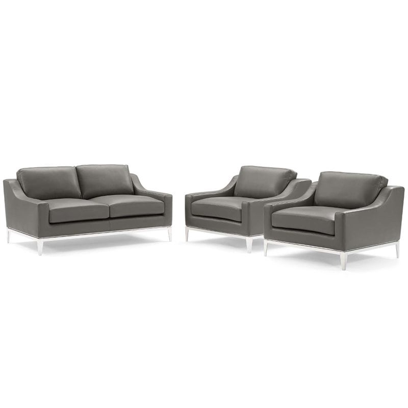 Pemberly Row 3-Piece Stainless Steel & Leather Loveseat Set in Gray