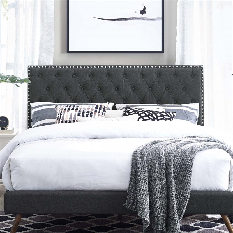 Pemberly Row Tufted Full/Queen Upholstered Linen Fabric Headboard in Gray
