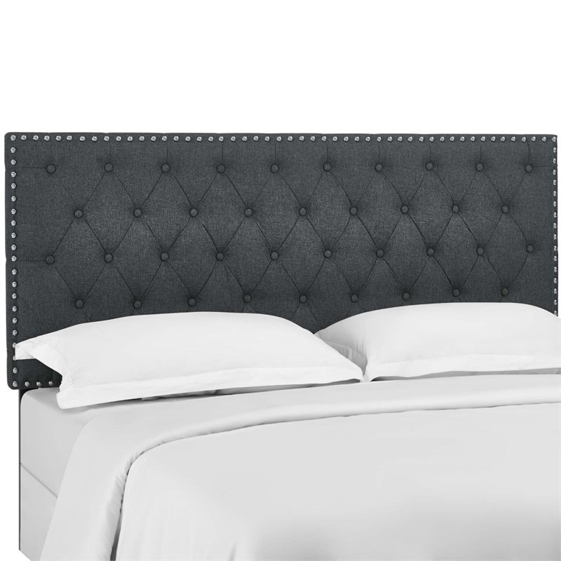 Pemberly Row Tufted Full/Queen Upholstered Linen Fabric Headboard in Gray
