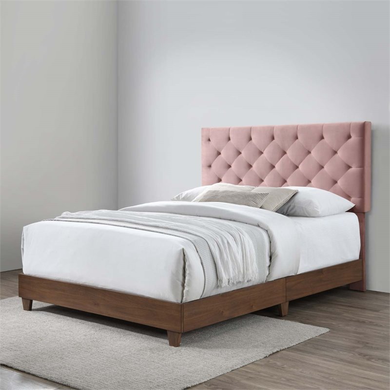 Pemberly Row Diamond Tufted Velvet Wood Queen Bed in Walnut/Dusty Rose