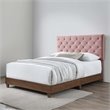 Pemberly Row Diamond Tufted Velvet Wood Queen Bed in Walnut/Dusty Rose
