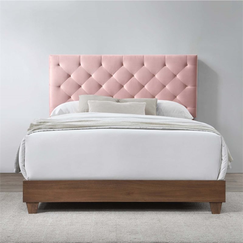 Pemberly Row Diamond Tufted Velvet Wood Queen Bed in Walnut/Dusty Rose