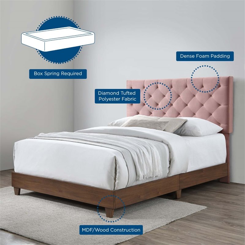 Pemberly Row Diamond Tufted Velvet Wood Queen Bed in Walnut/Dusty Rose