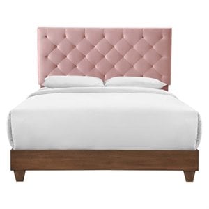 Pemberly Row Diamond Tufted Velvet Wood Queen Bed in Walnut/Dusty Rose