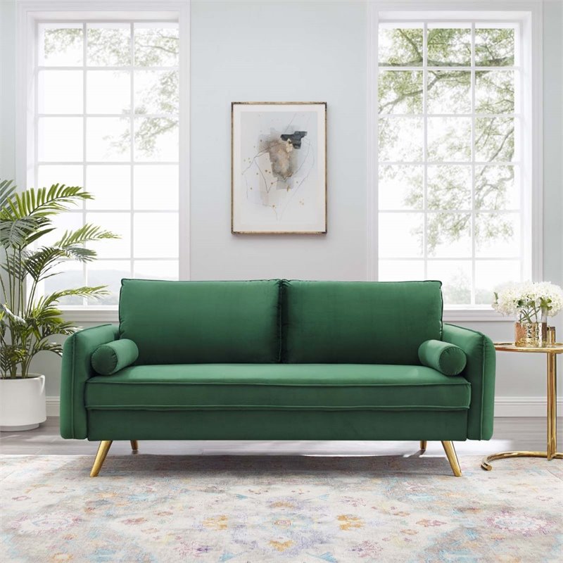 Pemberly Row Modern Performance Velvet & Metal Sofa in Emerald Green/Gold