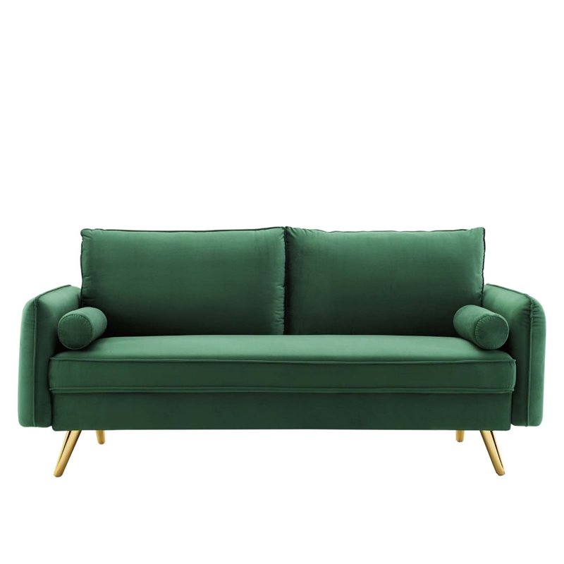 Pemberly Row Modern Performance Velvet & Metal Sofa in Emerald Green/Gold