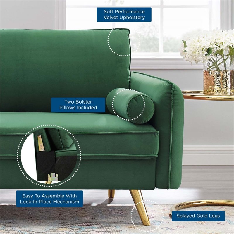 Pemberly Row Modern Performance Velvet & Metal Sofa in Emerald Green/Gold