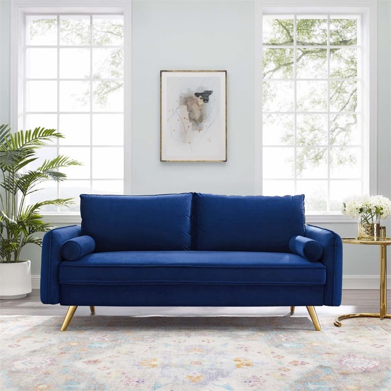 Pemberly Row Modern Performance Velvet & Metal Sofa in Navy/Gold