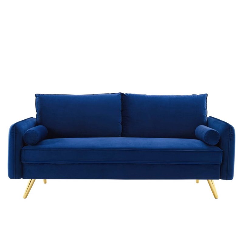Pemberly Row Modern Performance Velvet & Metal Sofa in Navy/Gold