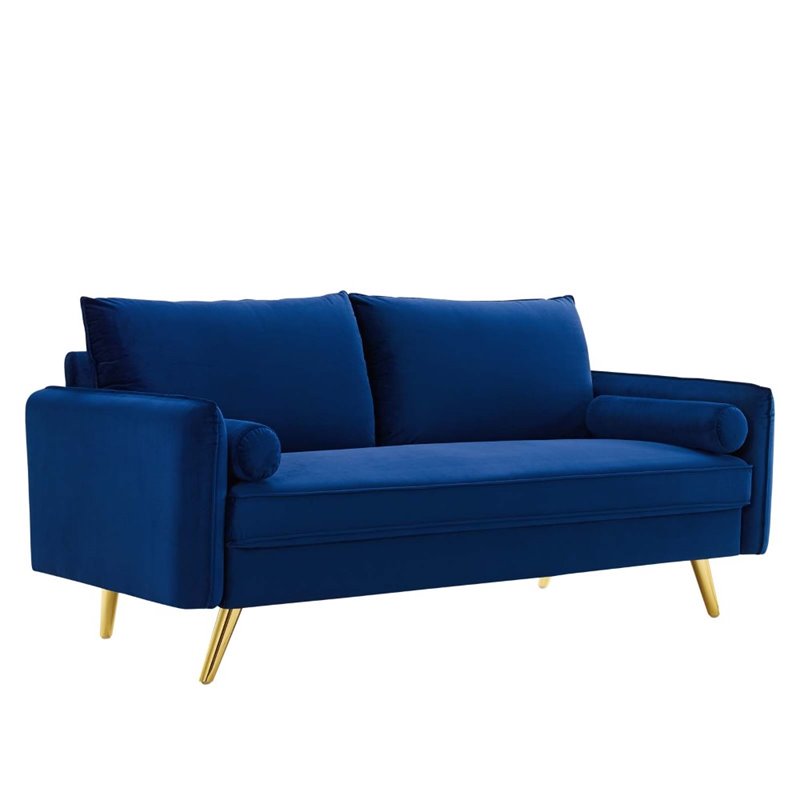 Pemberly Row Modern Performance Velvet & Metal Sofa in Navy/Gold