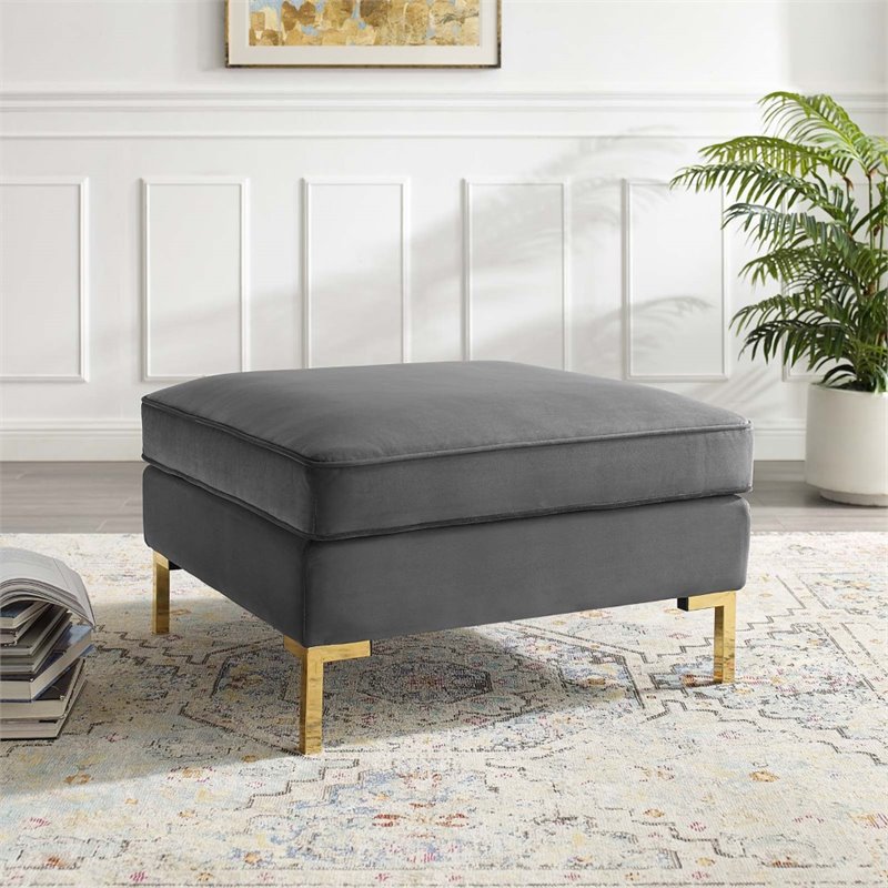 Pemberly Row Modern Performance Velvet Ottoman in Gray / Gold