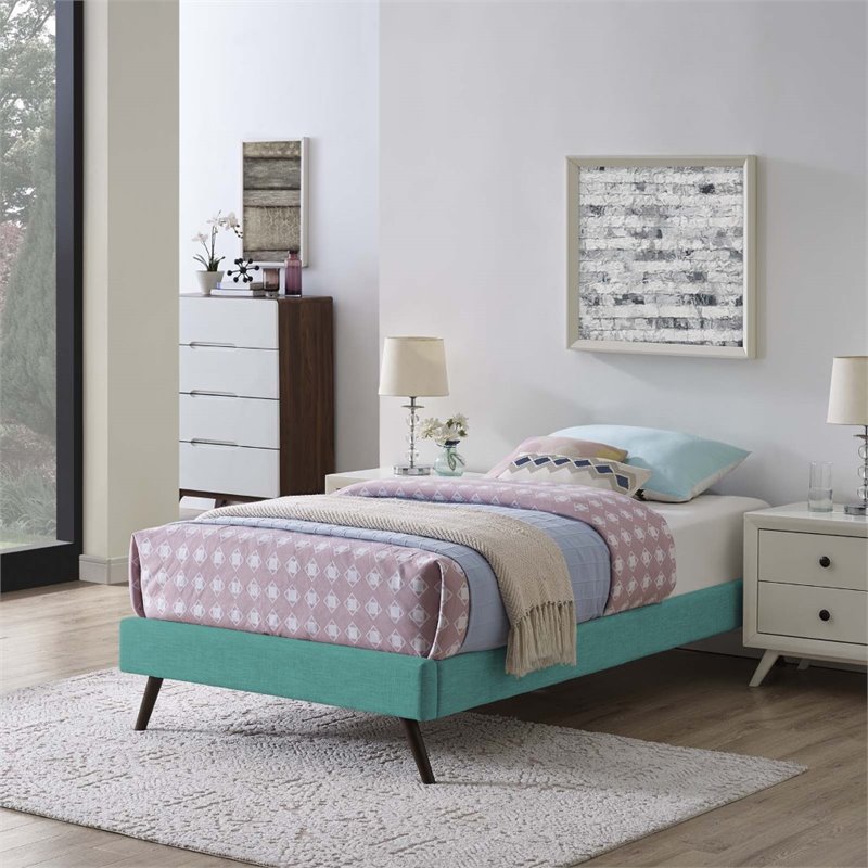 Pemberly Row Twin Polyester Fabric Bed Frame with Round Splayed Legs in Teal