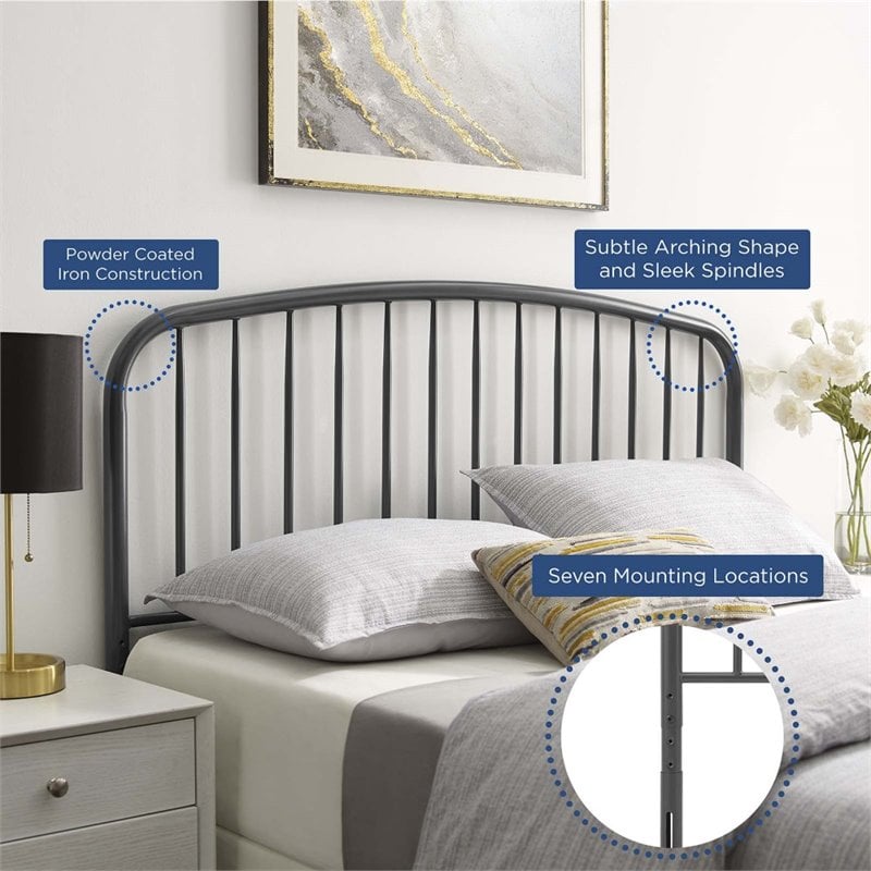 Pemberly Row Modern Farmhouse Queen Metal Spindle Headboard in Gray