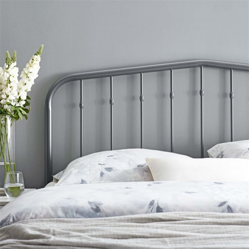 Pemberly Row Contemporary Modern Twin Metal Spindle Headboard in Gray