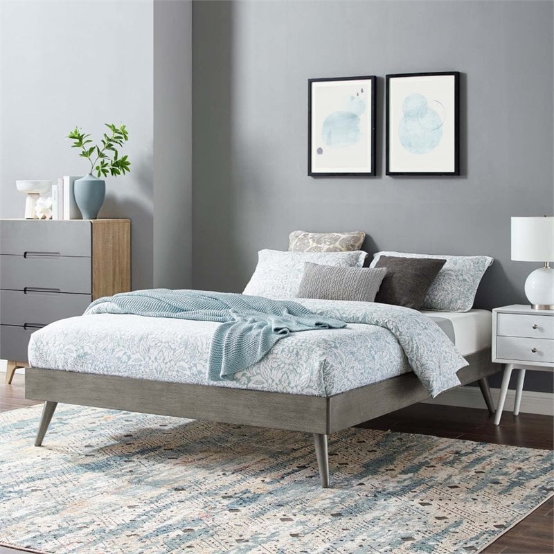 Pemberly Row Queen MDF Wood and Rubberwood Platform Bed Frame in Gray
