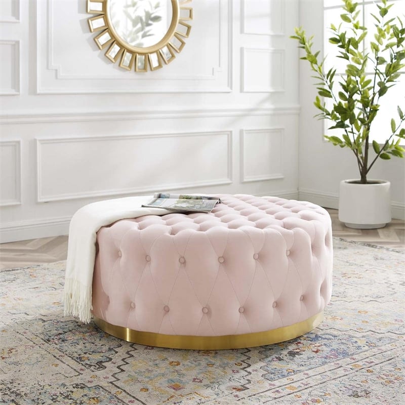 Pemberly Row Tufted Performance Velvet Fabric Round Ottoman in Pink