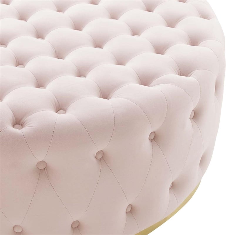 Pemberly Row Tufted Performance Velvet Fabric Round Ottoman in Pink