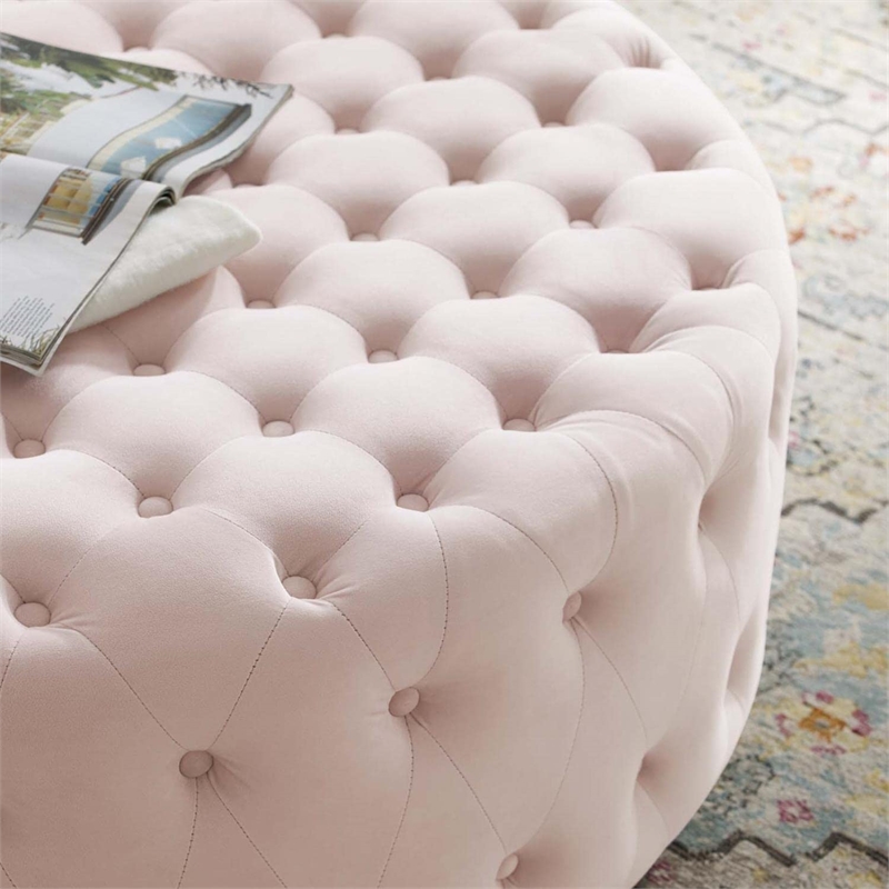 Pemberly Row Tufted Performance Velvet Fabric Round Ottoman in Pink
