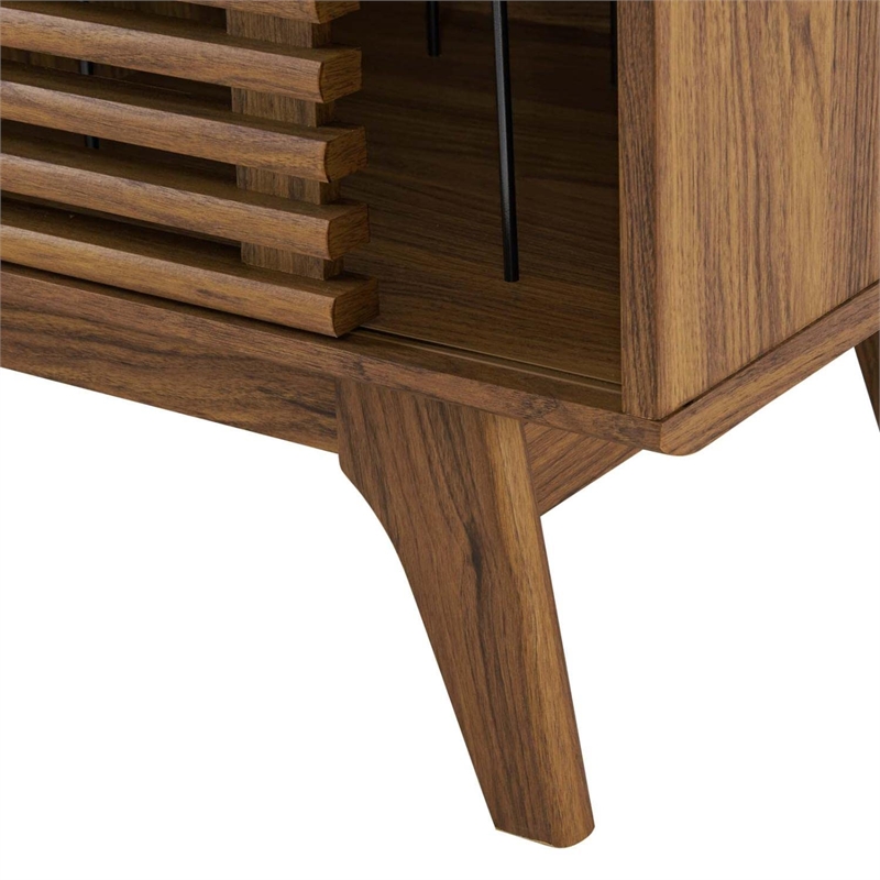 Pemberly Row Wood & Vinyl Record Display Stand with Sliding Door in Walnut