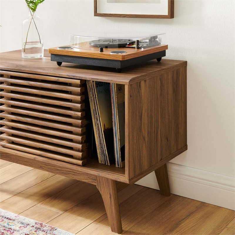Pemberly Row Wood & Vinyl Record Display Stand with Sliding Door in Walnut