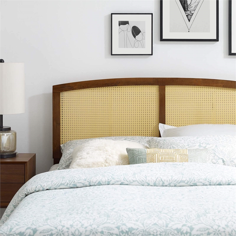 Pemberly Row Cane Rattan and Rubberwood Full Headboard in Walnut