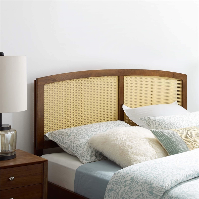 Pemberly Row Cane Rattan and Rubberwood Full Headboard in Walnut