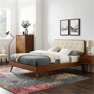 Pemberly Row King Wood Platform Bed with Splayed Legs in Walnut/Beige
