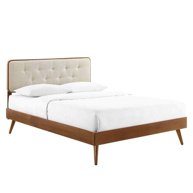 Pemberly Row King Wood Platform Bed with Splayed Legs in Walnut/Beige