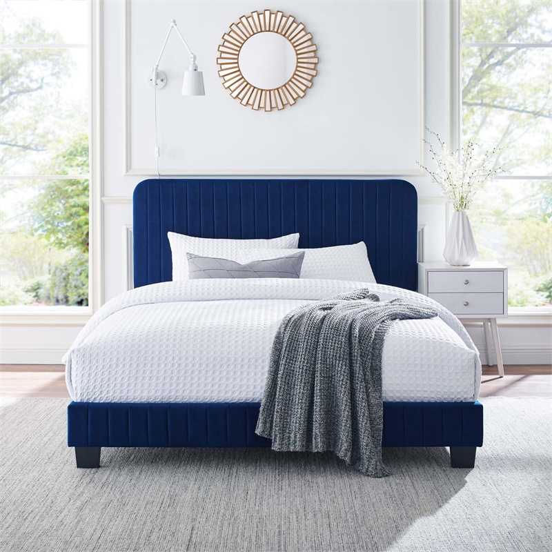 Pemberly Row Channel Tufted Performance Velvet Full Platform Bed in Navy