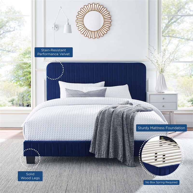 Pemberly Row Channel Tufted Performance Velvet Full Platform Bed in Navy