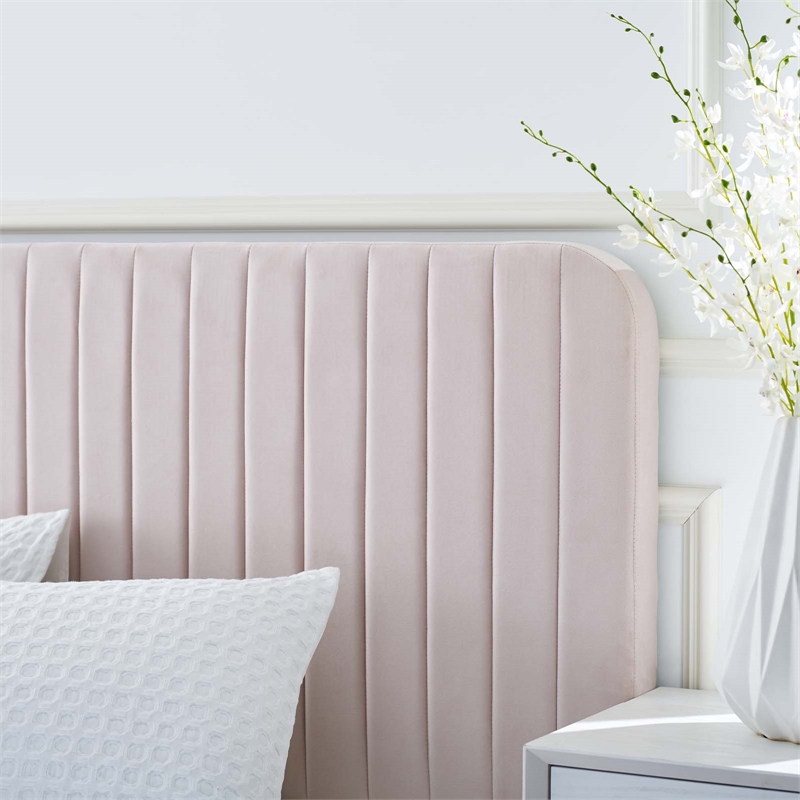 Pemberly Row Channel Tufted Performance Velvet Full Platform Bed in Pink
