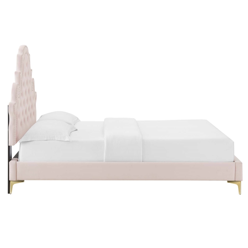 Pemberly Row Performance Velvet Full Platform Bed in Pink Finish