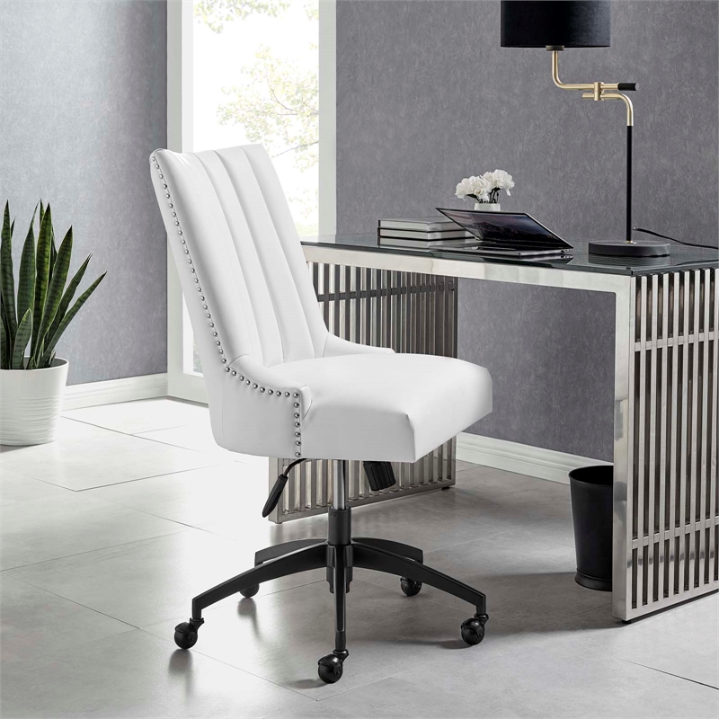 Pemberly Row Tufted Faux Leather Swivel Office Chair in White & Black
