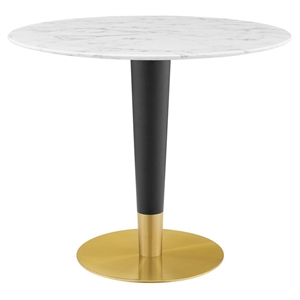 Pemberly Row 35.5&quot Round Wood & Artificial Marble Dining Table in White/Gold