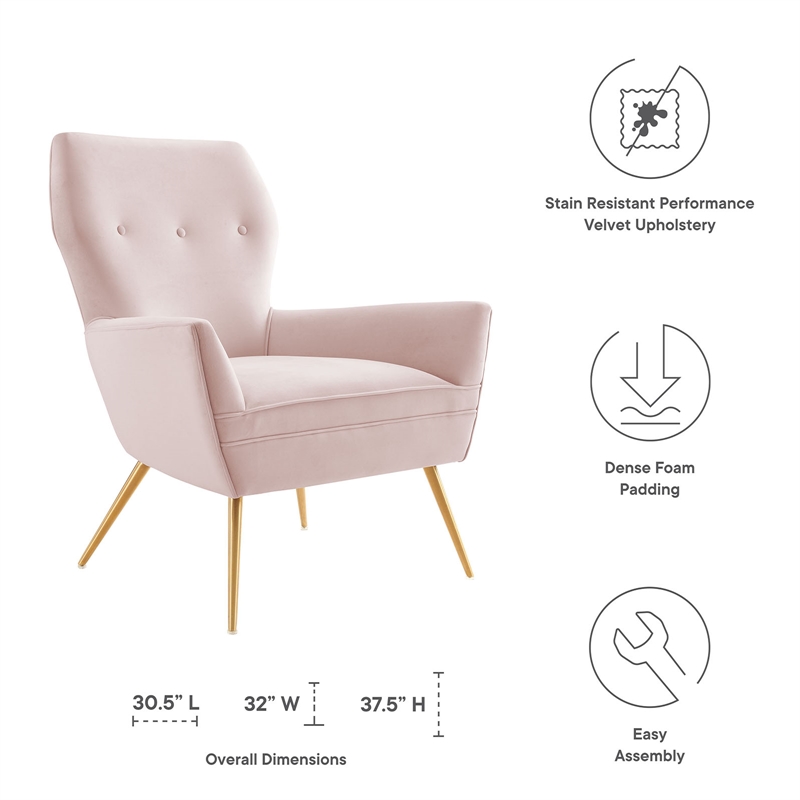 Pemberly Row Modern Tufted Performance Velvet Armchair in Pink/Gold