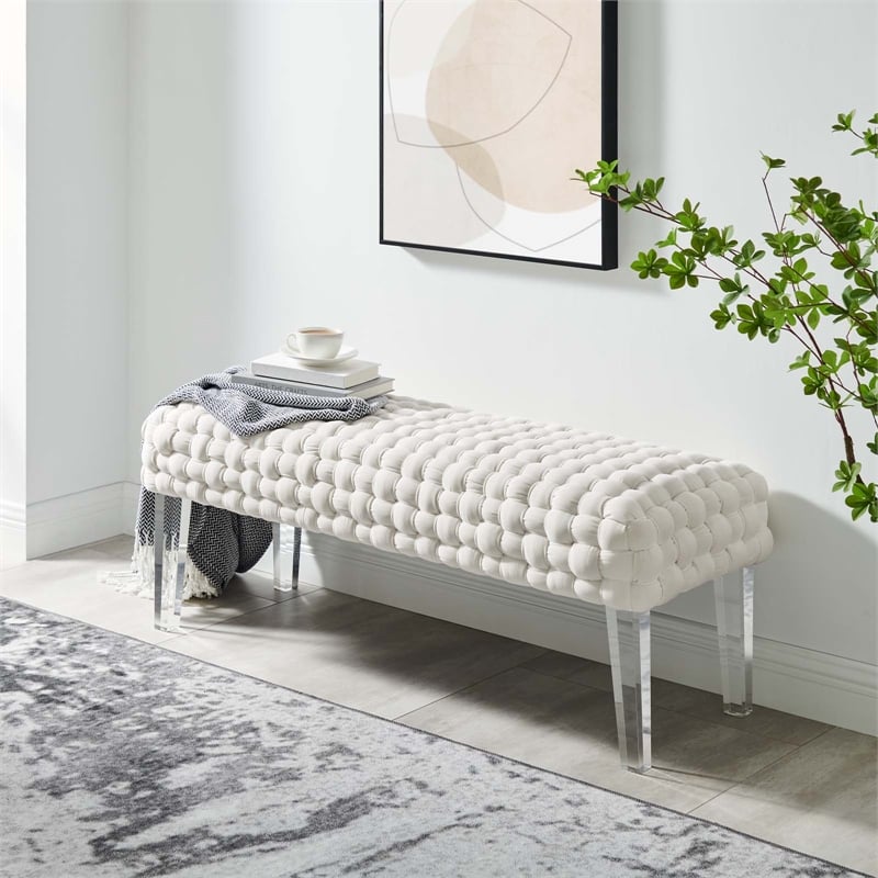 Pemberly Row Modern Woven Performance Velvet Ottoman in White